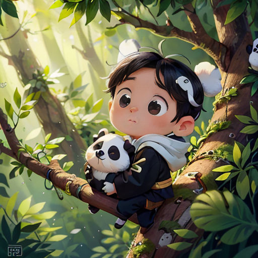 a painting of a girl holding a panda bear in a tree with pandas in the background and sunlight streaming through the leaves