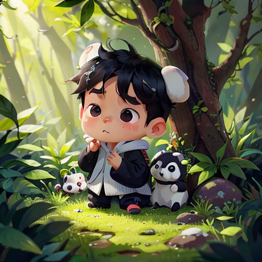 a little boy sitting next to a panda bear in a forest with a tree and grass area behind him