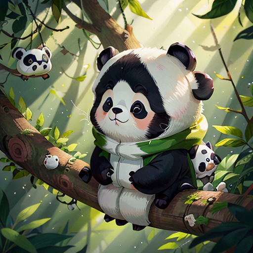 a panda bear sitting on a tree branch with another panda in the background and a bamboo tree with leaves