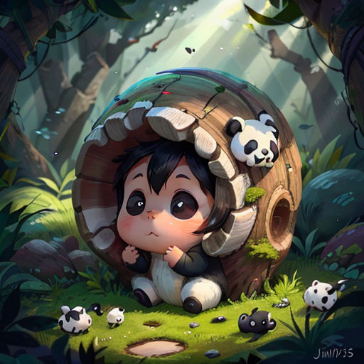 a little girl sitting in a forest with pandas around her and a basket full of food in the foreground