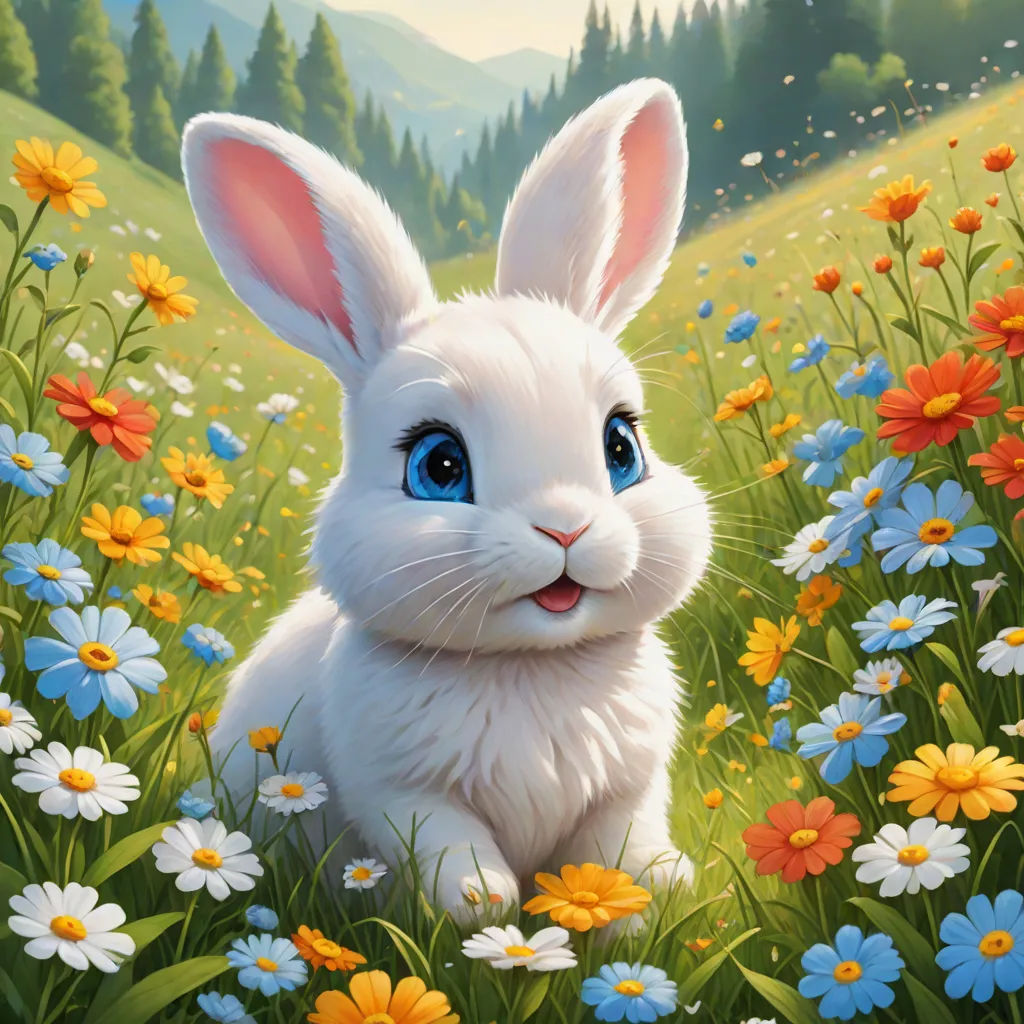 a painting of a white rabbit sitting in a field of flowers with a mountain in the background and a forest in the background, a detailed painting, Ed Binkley, furry art, magic the gathering artwork