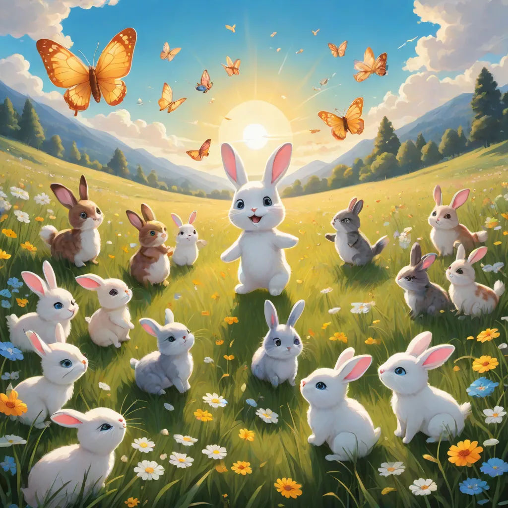 a painting of a group of rabbits in a field with butterflies flying above them and a sun setting behind them, a storybook illustration, Anne Stokes, pop surrealism, rossdraws global illumination