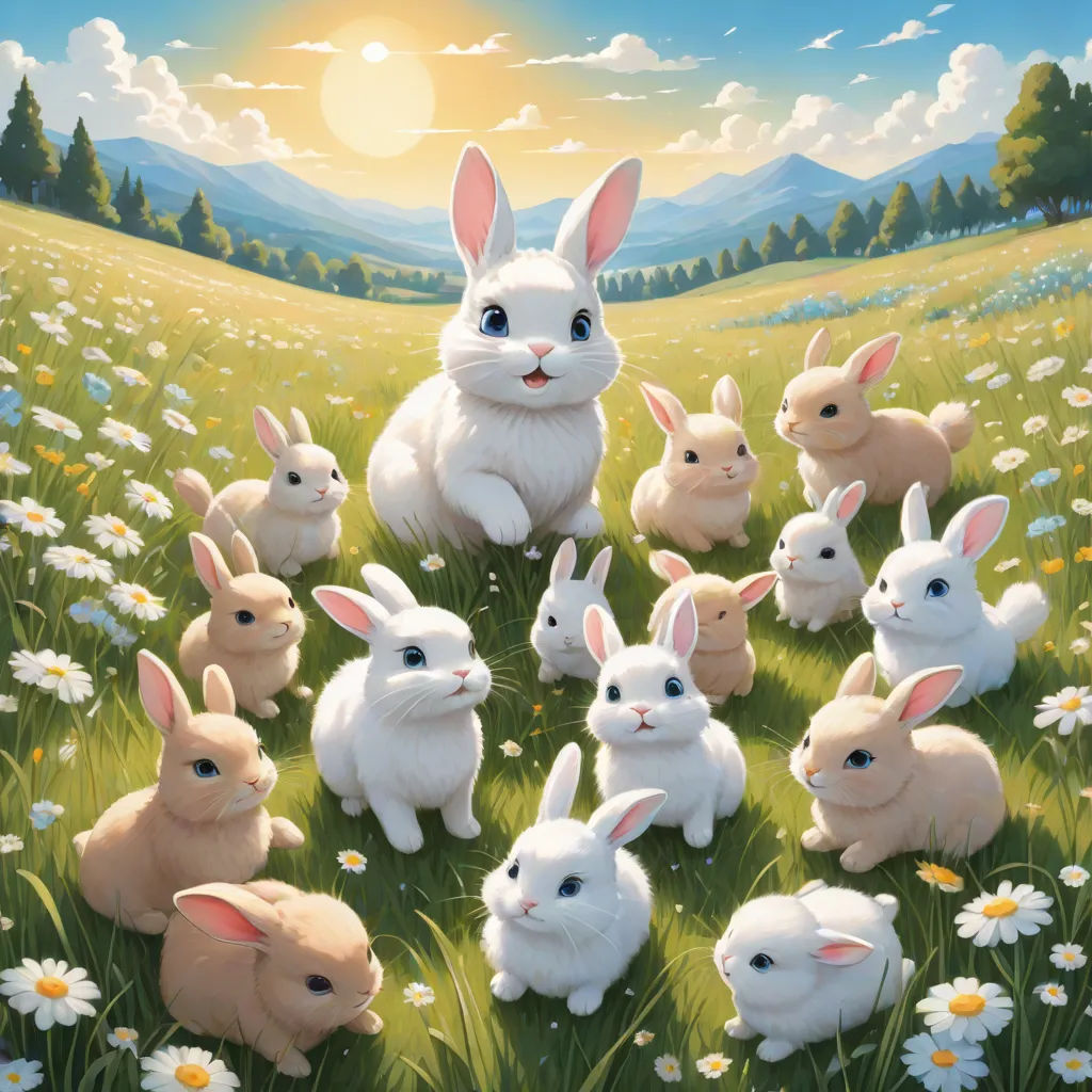a painting of a group of rabbits in a field of daisies with a mountain in the background and sun shining, a storybook illustration, Chris LaBrooy, furry art, rossdraws global illumination