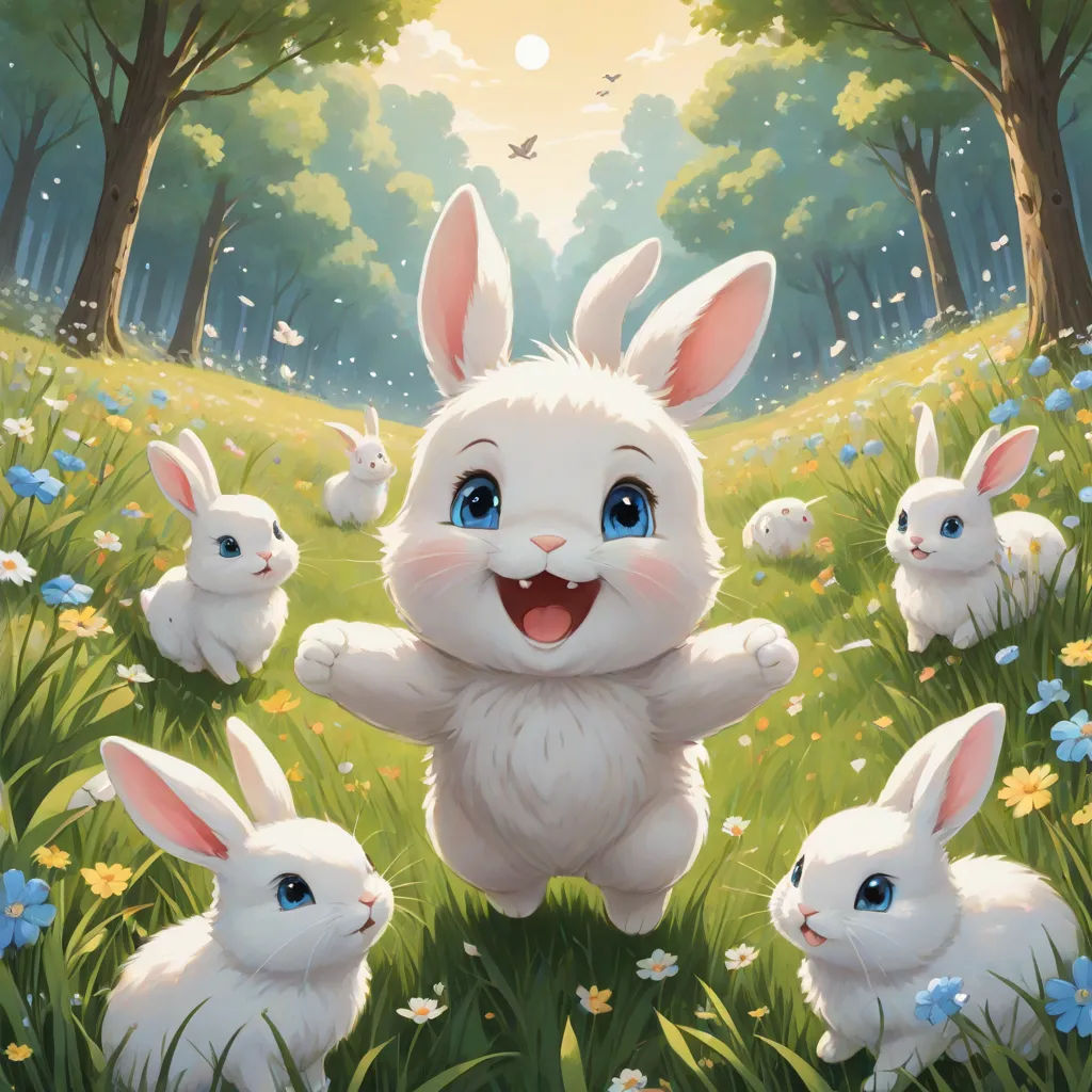 a painting of a bunny with four rabbits in a field of flowers and trees, with a bird flying overhead, a fine art painting, Chris Rahn, altermodern, magic the gathering artwork