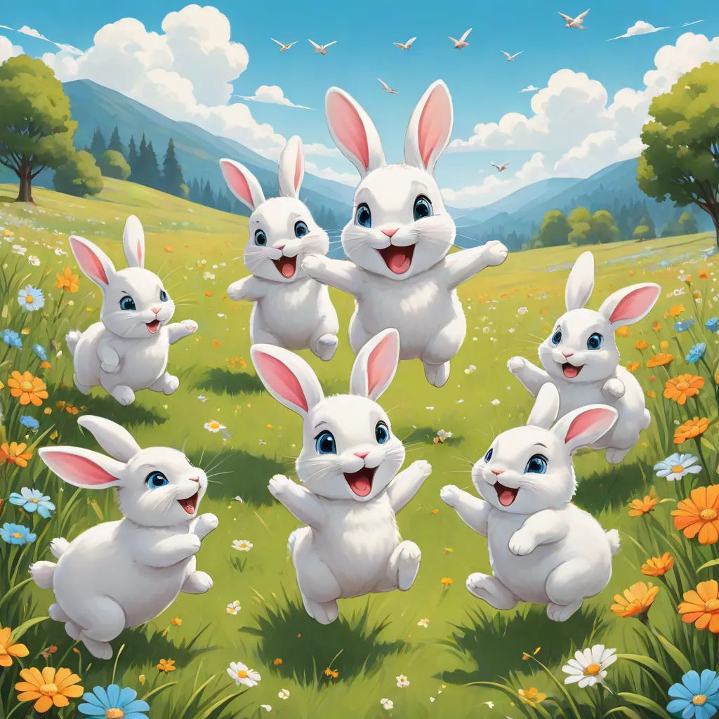 a group of white rabbits running through a field of flowers and grass with a sky background and trees and flowers, a storybook illustration, Anne Stokes, furry art, official art