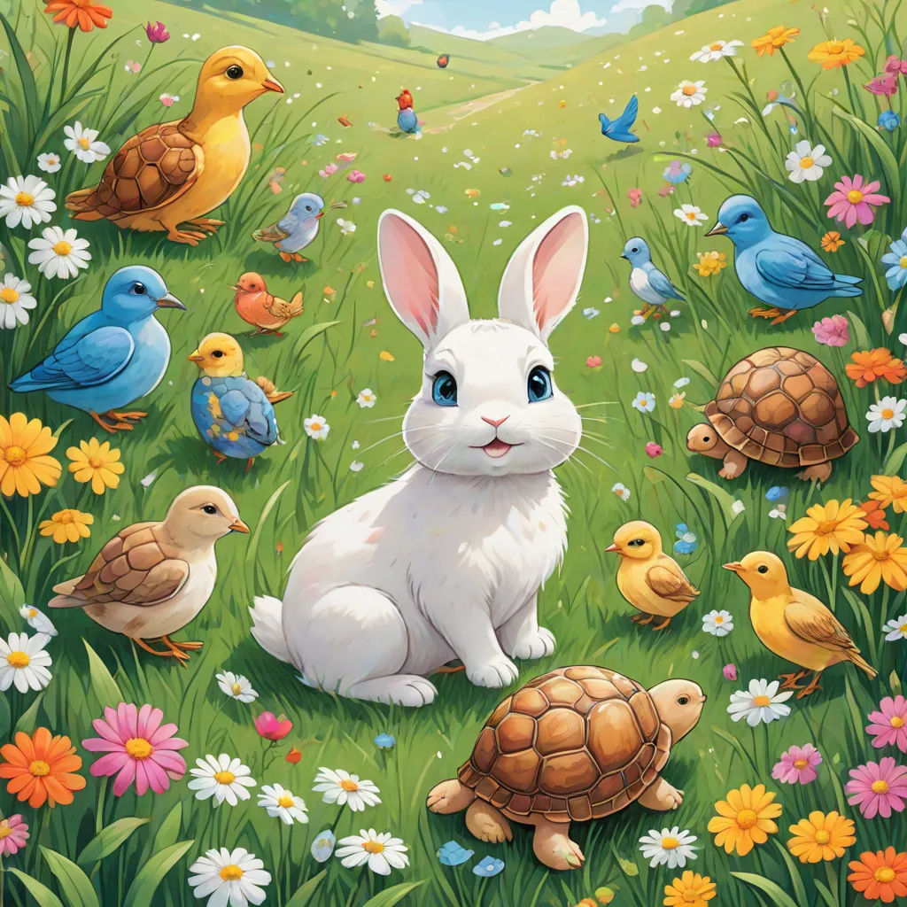 a painting of a rabbit surrounded by birds and flowers with a baby turtle in the foreground and a duck in the background, a storybook illustration, Chris LaBrooy, naive art, official art