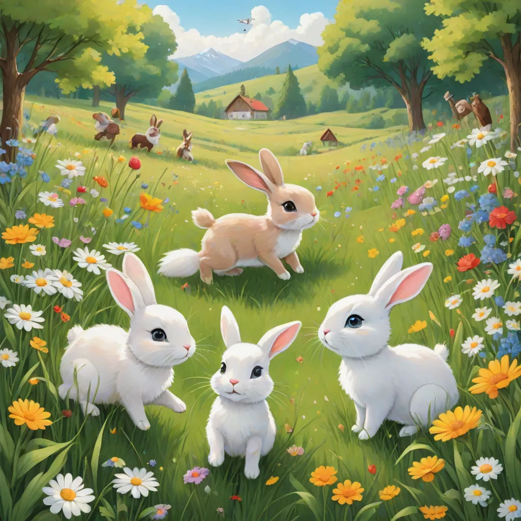 a painting of three rabbits in a field of flowers and daisies with a house in the background and a bird flying overhead, a storybook illustration, Chris LaBrooy, furry art, official art