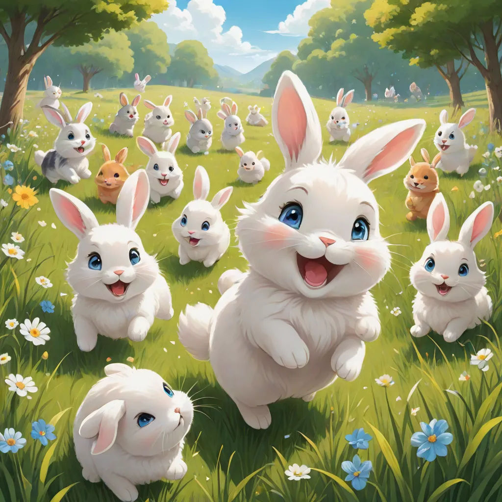 a painting of a group of rabbits in a field of grass with trees and flowers in the background, with a sky background, a storybook illustration, Fan Qi, furry art, official art