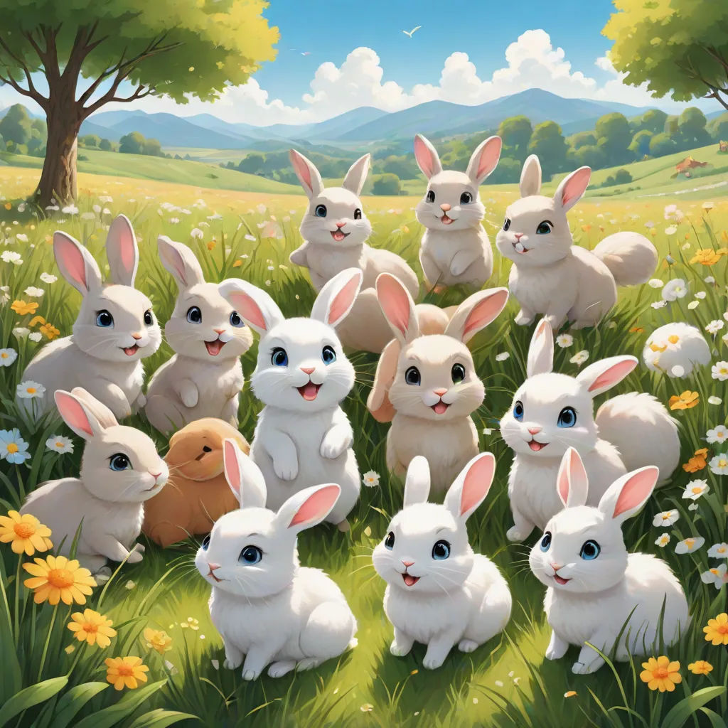 a painting of a group of rabbits in a field of flowers and grass with a tree in the background, a detailed painting, Chris LaBrooy, furry art, rossdraws global illumination