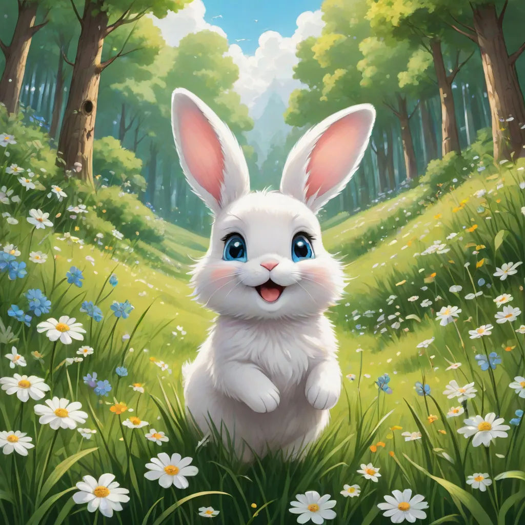 a painting of a white rabbit sitting in a field of flowers and daisies with a forest in the background, a digital painting, Chris LaBrooy, furry art, rossdraws global illumination