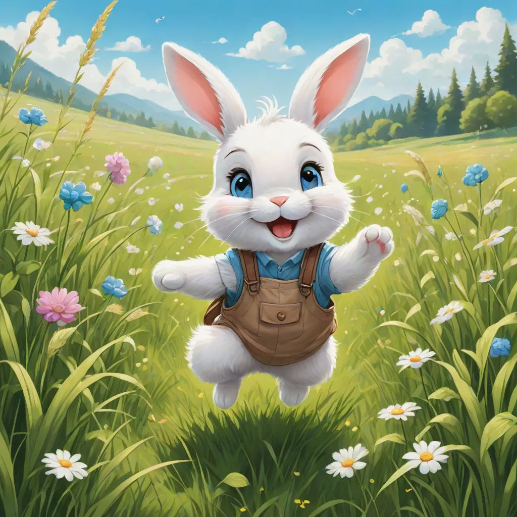 a painting of a rabbit in a field of flowers and grass with a sky background and clouds in the background, a storybook illustration, Aaron Jasinski, altermodern, magic the gathering artwork