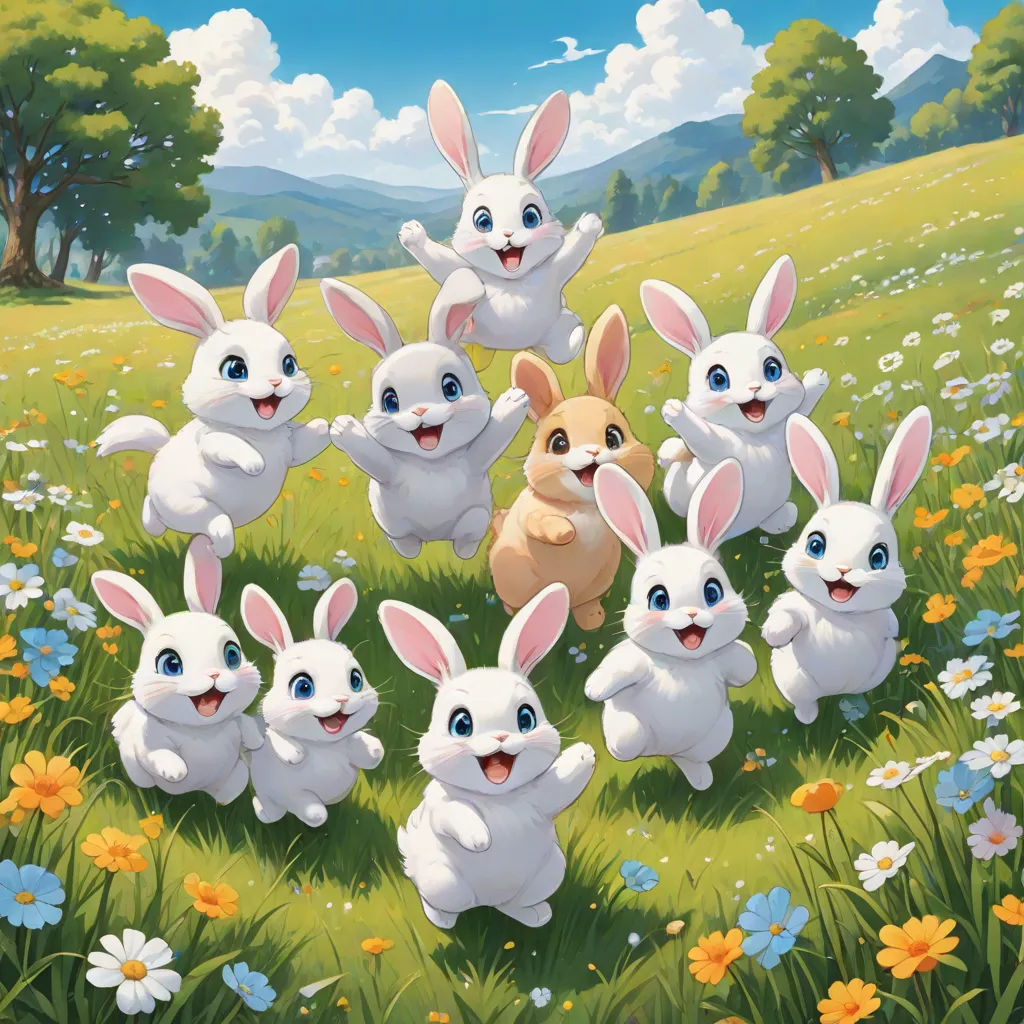a group of rabbits standing in a field of flowers and grass with a dog in the middle of the picture, a storybook illustration, Chris LaBrooy, furry art, official art