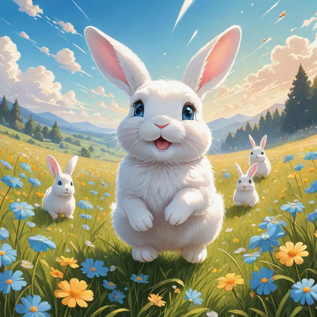 a painting of a bunny and two rabbits in a field of flowers with a sky background and clouds in the background, a painting, Chris LaBrooy, furry art, official art