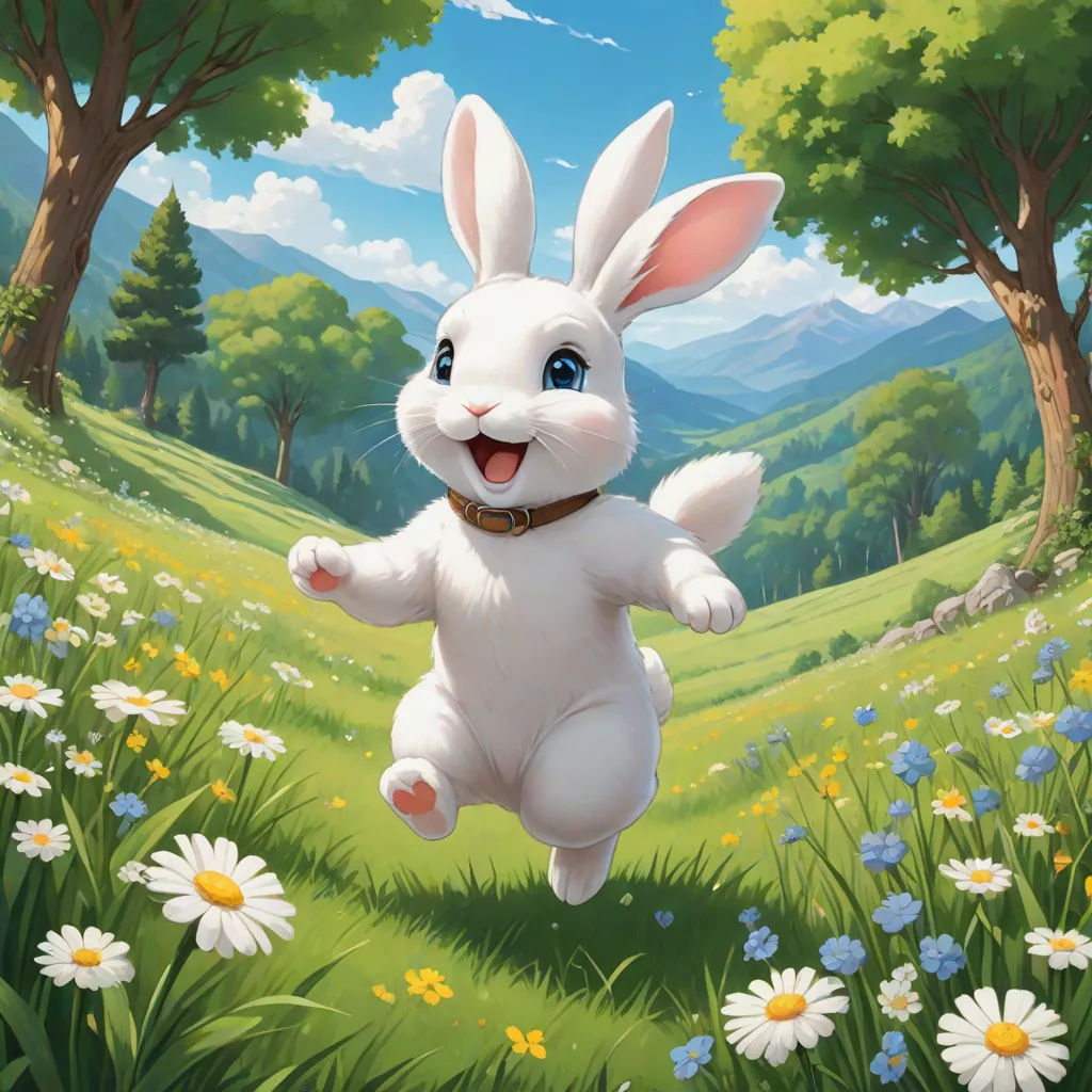 a cartoon bunny running through a field of flowers and trees with a mountain in the background and a blue sky, an airbrush painting, Chris LaBrooy, altermodern, magic the gathering artwork
