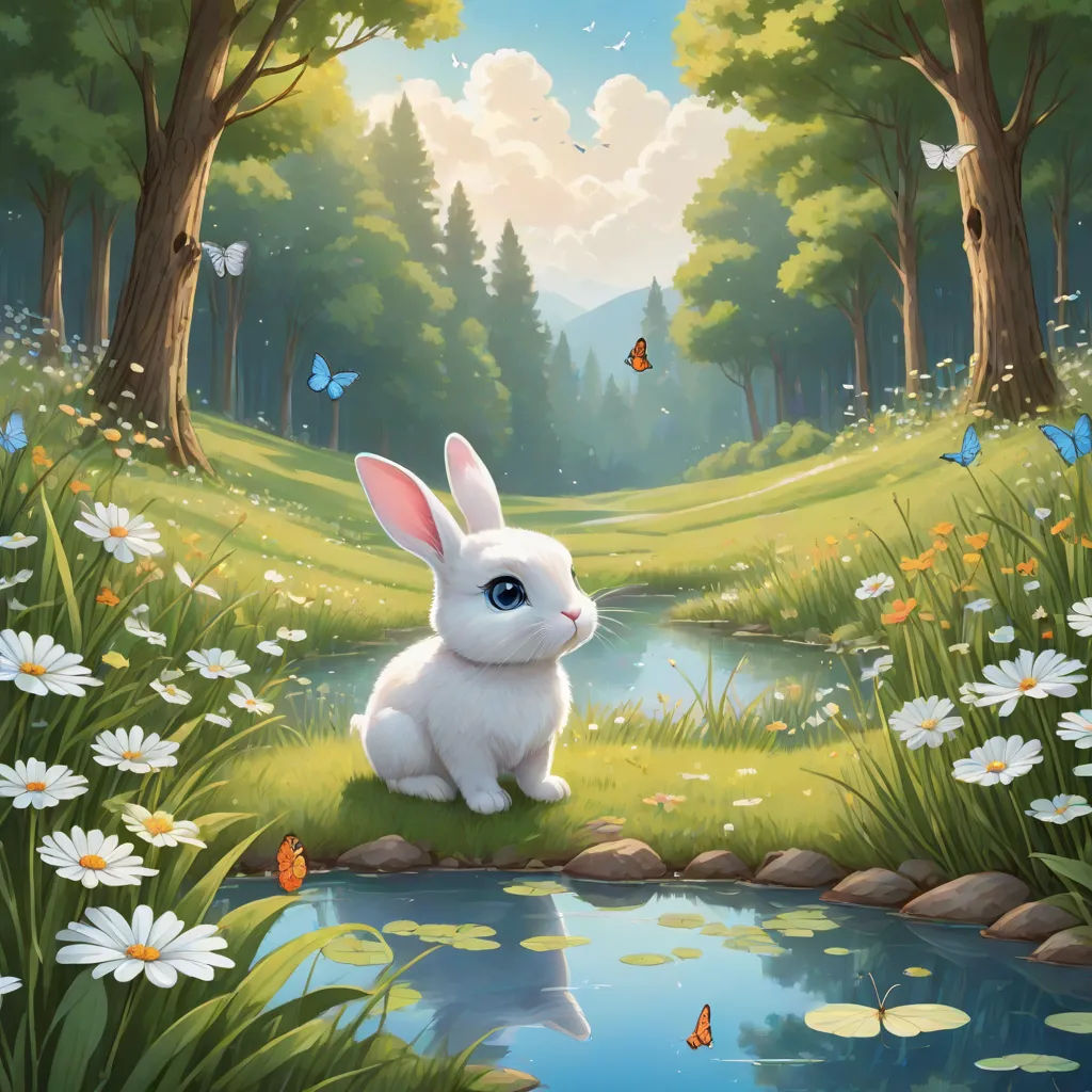 a painting of a white rabbit sitting on a rock in a forest with a pond and butterflies around it, a storybook illustration, Chris LaBrooy, fantasy art, rossdraws global illumination