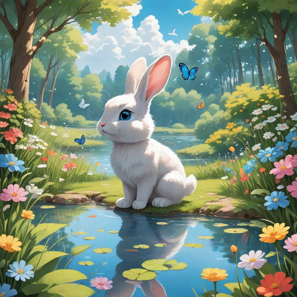 a painting of a white rabbit sitting on a pond with a butterfly flying over it and a pond of water, a detailed painting, Anne Stokes, fantasy art, magic the gathering artwork