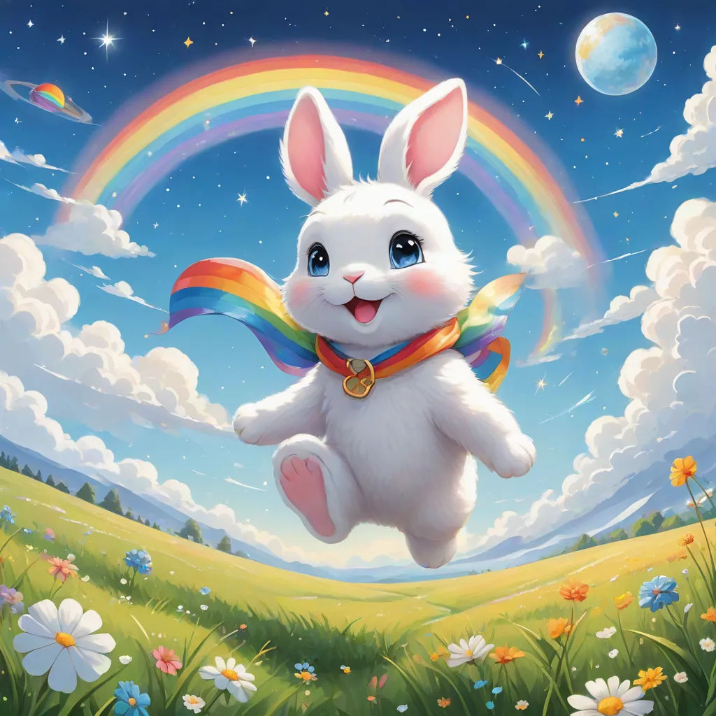 a painting of a white bunny flying through the air with a rainbow in the background and a rainbow in the sky, a storybook illustration, Drew Struzan, furry art, official art