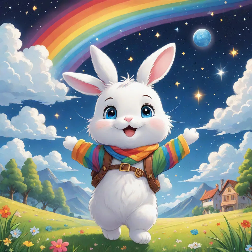a white rabbit with a rainbow scarf on standing in a field with a house and a rainbow in the background, a storybook illustration, Drew Struzan, furry art, official art