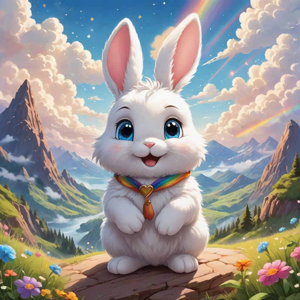 a white rabbit sitting on a rock in a field with mountains and a rainbow in the background with clouds, a fine art painting, Aaron Jasinski, furry art, rossdraws global illumination