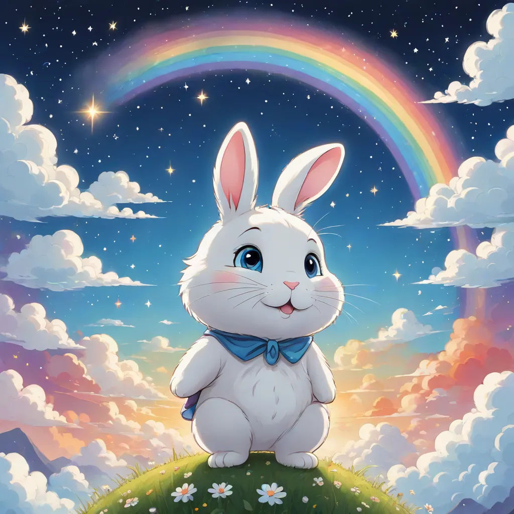 a rabbit sitting on a hill with a rainbow in the background and clouds in the sky above it,, a storybook illustration, Chris LaBrooy, furry art, rossdraws global illumination