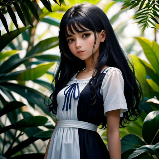 a girl in a dress standing in front of a plant filled with leaves and palm trees, with a blue ribbon around her neck