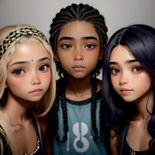 three girls with braids and a blue shirt are standing together and looking at the camera with a sad face