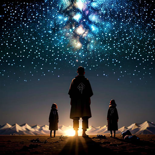 a couple of people standing on top of a field under a sky filled with stars and a star filled sky