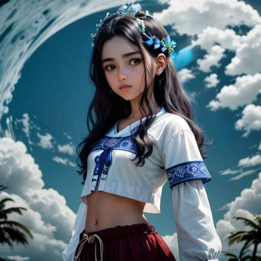 a girl in a white top and red skirt standing in front of a blue sky with clouds and a plane