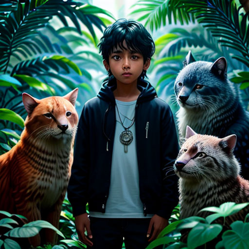 a boy standing in front of a forest of cats and a cat with a boy standing between them in front of a forest