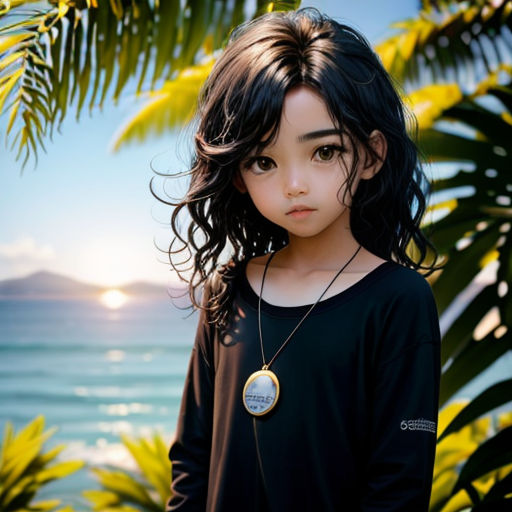 a young girl standing in front of a palm tree with the ocean in the background and a sunset behind her