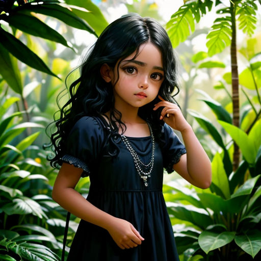 a little girl standing in a jungle with a cell phone to her ear and a necklace on her neck