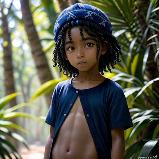 a young boy with a blue hat standing in a forest of palm trees and palm trees in the background