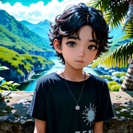 a boy with a black shirt and a green mountain in the background with a lake and trees in the foreground