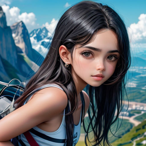 a girl with long hair and a backpack on her back looking at the camera with mountains in the background
