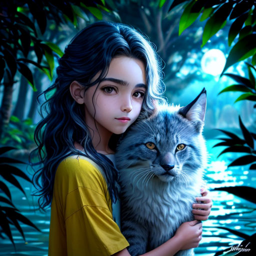 a girl holding a cat in her arms in front of a river and trees with a full moon in the background