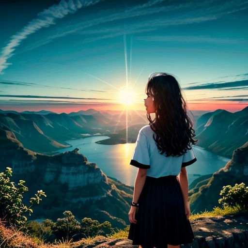 a girl standing on a hill looking at the sunset over a lake and mountains with a bird flying overhead