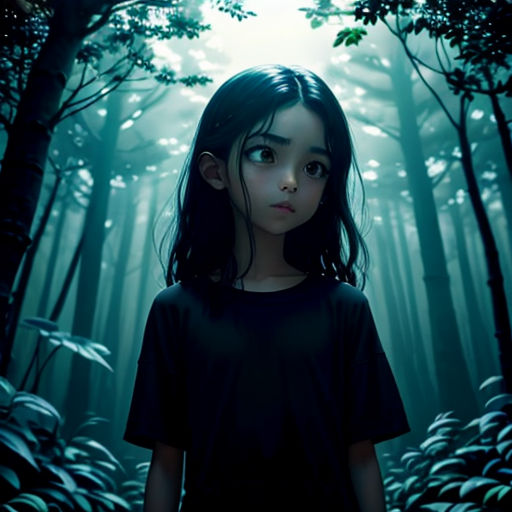 a young girl standing in a forest with a forest background and a light shining through the trees and leaves