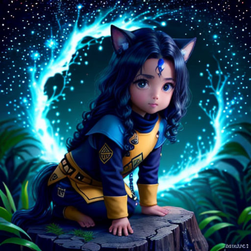 a girl in a blue and yellow outfit sitting on a tree stump with a cat on her head and a blue background