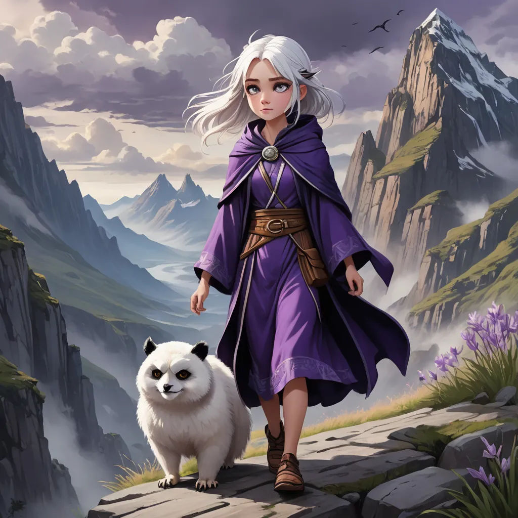 a woman in a purple dress walking next to a white panda bear on a rocky hillside with mountains in the background, fantasy art, a character portrait, Art of Brom, fantasy artwork