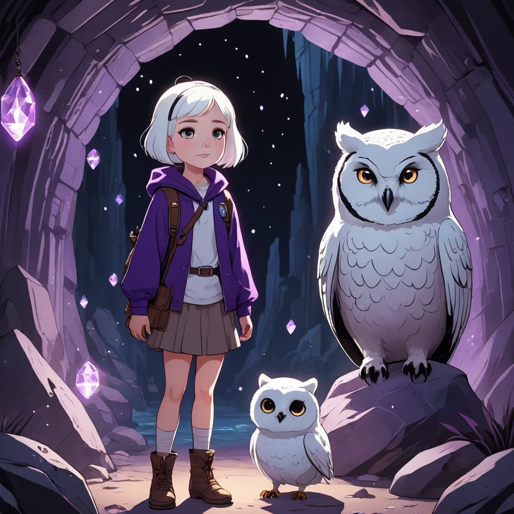 a girl standing in a cave with an owl next to her and a purple background with stars and a cave, fantasy art, a character portrait, Cliff Childs, rossdraws global illumination