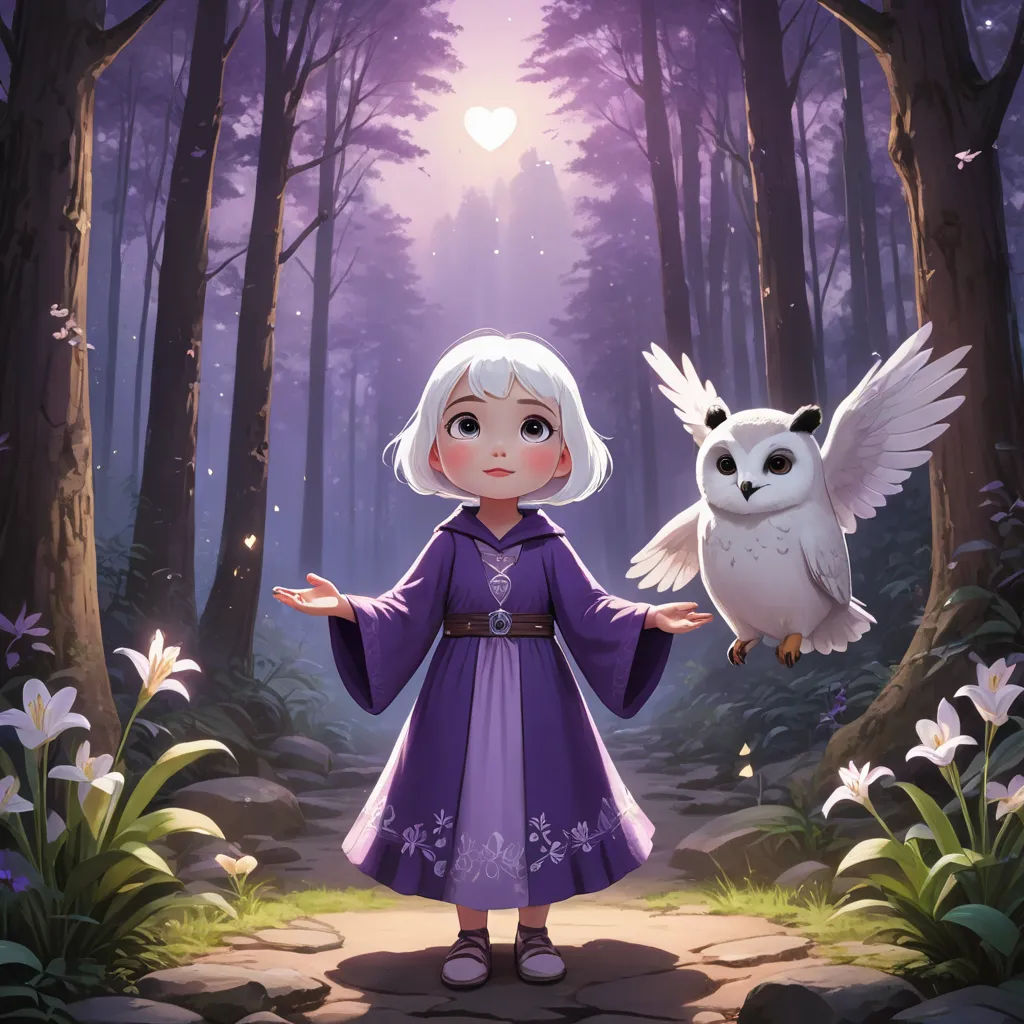 a little girl in a purple dress holding an owl in a forest with a white owl on her arm, fantasy art, a storybook illustration, Cliff Childs, rossdraws global illumination