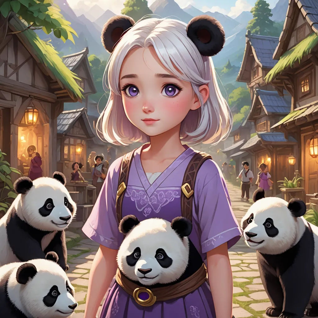 a girl in a purple dress standing next to pandas in a village with a mountain background and a village with houses, fantasy art, a character portrait, Fan Qi, official art