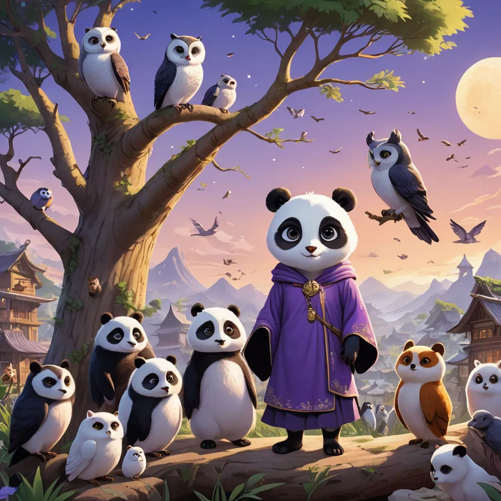 a panda standing in front of a group of pandas in a forest with a full moon in the background, fantasy art, concept art, Chris LaBrooy, splash art