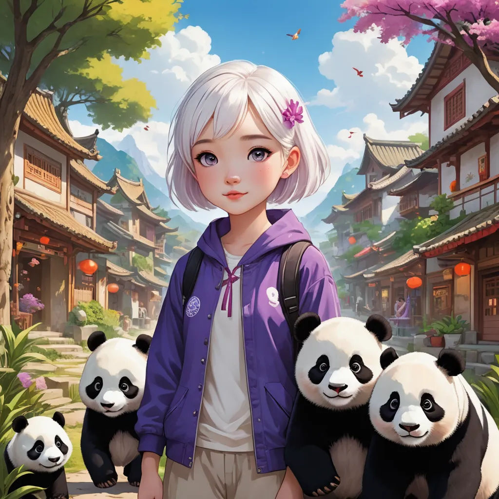 a girl with white hair and a backpack standing in front of pandas in a park with buildings and trees, fantasy art, a detailed painting, Fan Qi, trending on art station