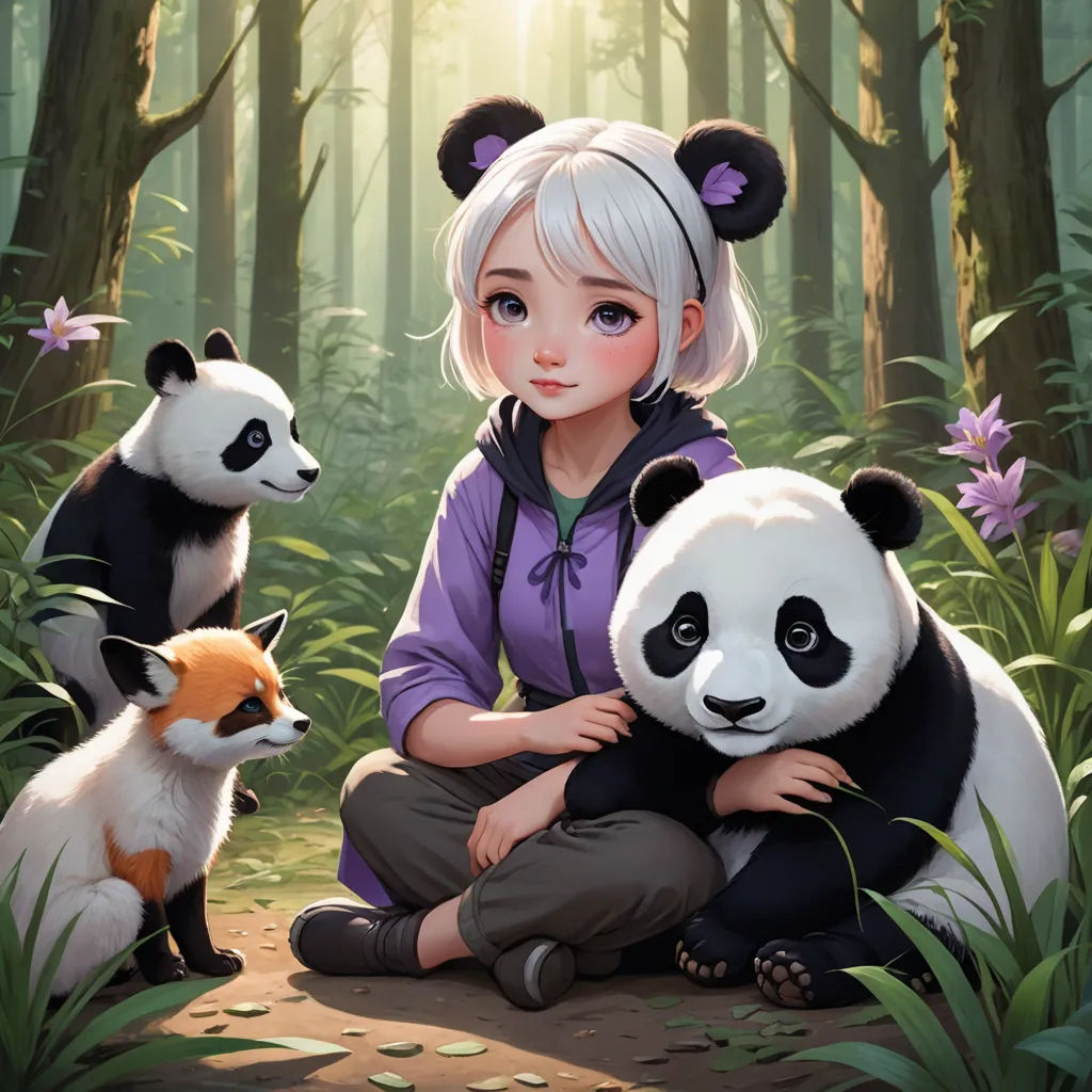 a girl sitting on the ground with two pandas and a fox in the woods, with a forest background, furry art, a detailed painting, Fan Qi, official art