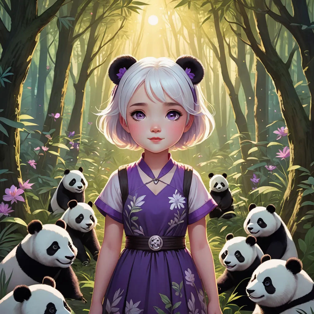 a girl in a purple dress standing in front of pandas in a forest with sunlight streaming through the trees, fantasy art, a character portrait, Fan Qi, rossdraws global illumination
