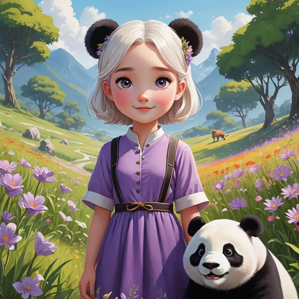 a painting of a girl and a panda bear in a field of flowers and trees with mountains in the background, fantasy art, a character portrait, Chen Hong, cgstudio