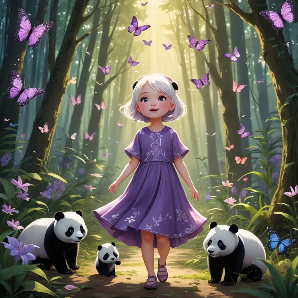 a little girl standing in the middle of a forest with pandas and butterflies flying around her and a light shining on her, fantasy art, a storybook illustration, Chen Hong, rossdraws global illumination