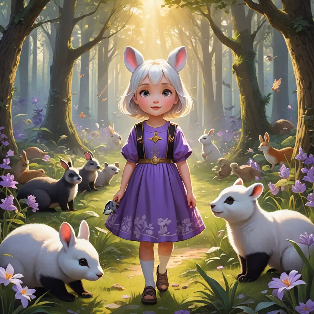 a little girl standing in a forest with animals around her and a forest scene behind her with a forest scene with animals, fantasy art, a storybook illustration, Alice Prin, rossdraws global illumination