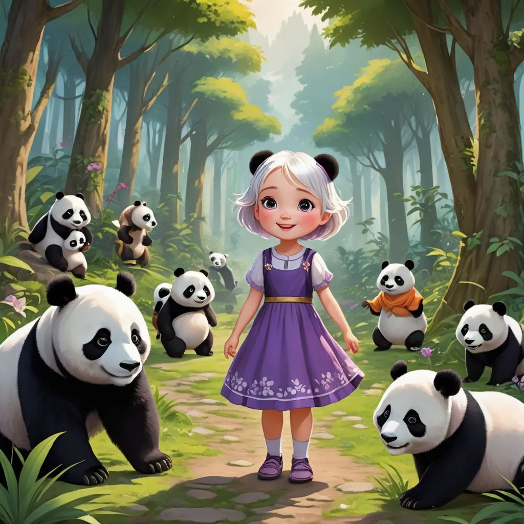 a little girl standing in front of a panda forest with many pandas in the background and a panda bear in the foreground, serial art, a storybook illustration, Fan Qi, official art